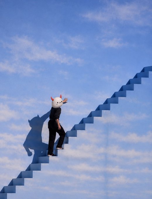 A person wearing a black outfit and a white cat mask with small red horns climbing blue stairs that ascend into a sky filled with wispy clouds.
