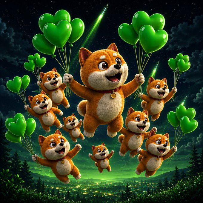 A whimsical 3D-rendered scene of multiple Shiba Inu dogs floating in the night sky, holding bunches of green heart-shaped balloons above a glowing green landscape.