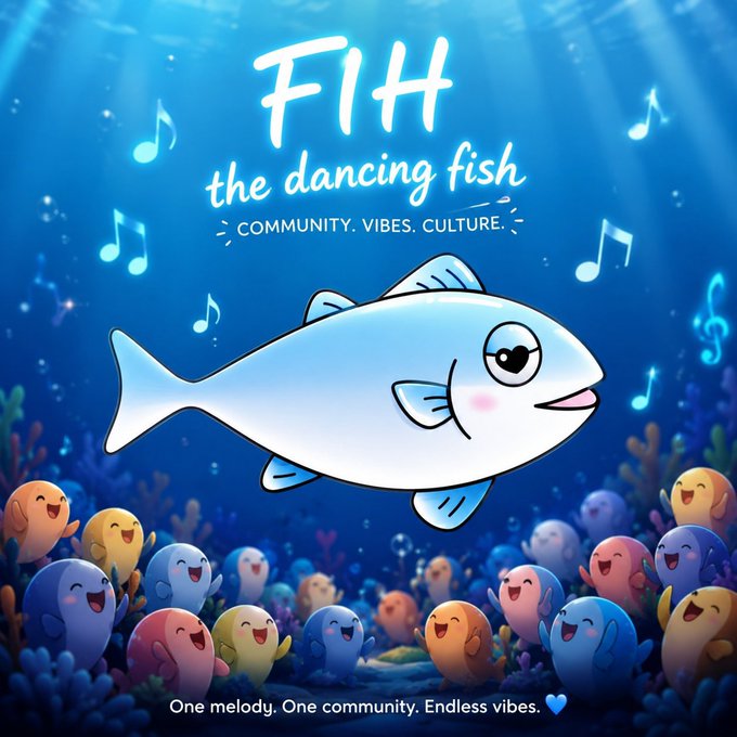 The image shows an animated underwater scene featuring a cheerful white cartoon fish with pink cheeks, surrounded by colorful smiling sea creatures and floating musical notes, with the title "FIH the dancing fish" and tagline "COMMUNITY. VIBES. CULTURE." at the top, and "One melody. One community. Endless vibes." at the bottom.

Note: The image does not visually relate to the post about stablecoins or USD1—the post's content about liquidity layers, on-chain transactions, and trading appears unrelated to the whimsical dancing fish illustration shown.