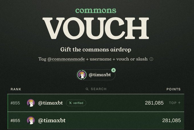 A screenshot of a 'commons VOUCH' airdrop interface showing instructions to gift the commons airdrop by tagging @commonsmade, with a user ranking list featuring @timaxbt at rank #855.