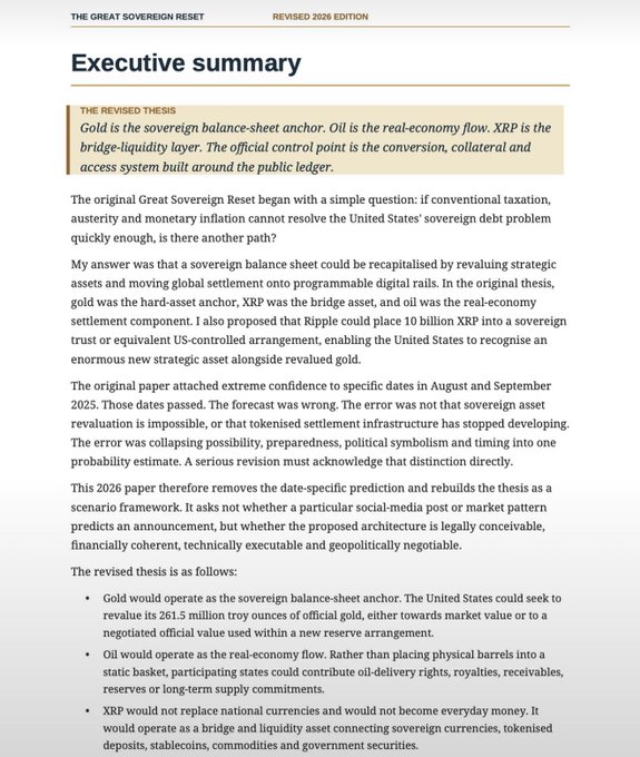 An executive summary document titled 'THE GREAT SOVEREIGN RESET' (Revised 2026 Edition) discussing gold, oil, and XRP as components of a sovereign balance-sheet architecture.