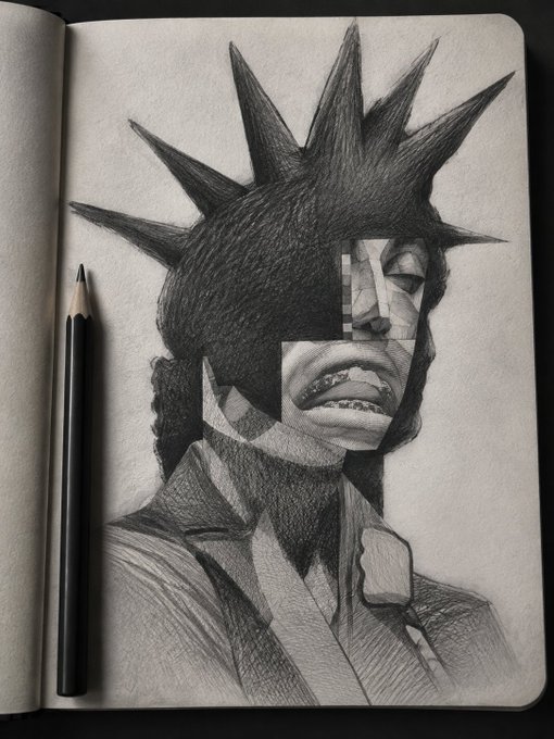 A detailed pencil sketch in an open notebook depicts a punk-inspired figure with a spiked mohawk and facial piercings, with a pencil resting beside the drawing. The artwork's edgy, stylized aesthetic aligns with the "GM Family" greeting and creative tagging @R3ORDR, fitting an artistic community vibe.