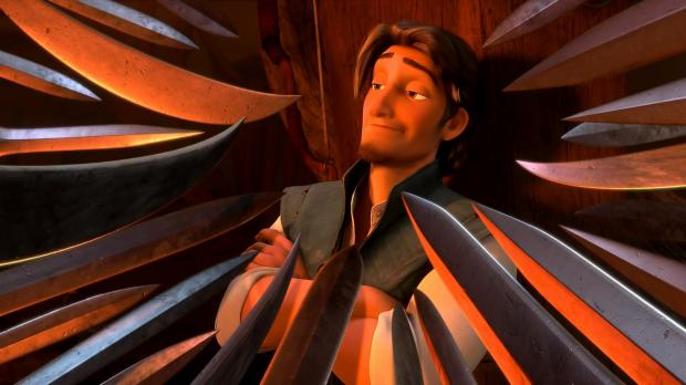 Scene from the animated movie Tangled featuring Flynn Rider leaning back confidently among knives displayed on a wall.