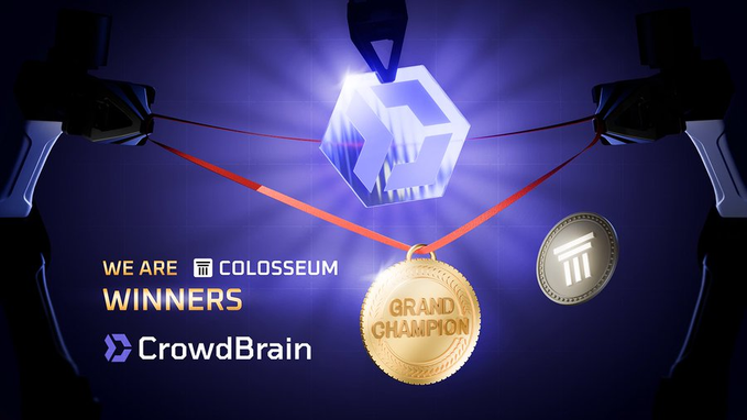 A triumphant graphic celebrating CrowdBrain as winners of the Colosseum hackathon, featuring a glowing blue crystal trophy and a gold "Grand Champion" medal hanging from a red ribbon, with logos for Colosseum and CrowdBrain displayed alongside.