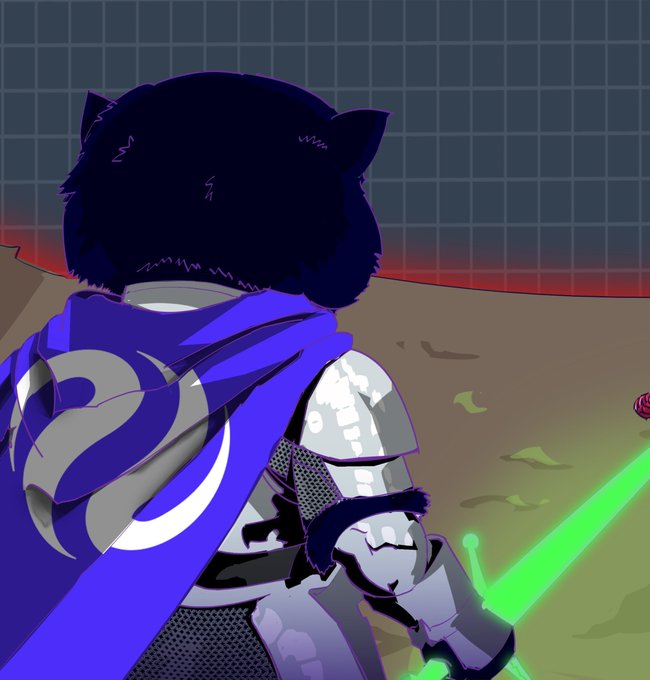 An animated illustration showing the back of a cat-eared warrior character wearing armor and a blue cape with a swirl emblem, wielding a green glowing sword.