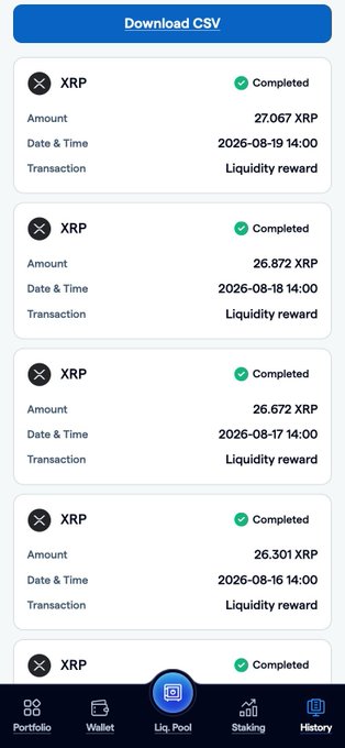 A mobile screenshot of the FortisX app showing the History tab with completed XRP liquidity rewards, listing daily payouts from August 16–19, 2026 (ranging 26.301–27.067 XRP), each marked with a green "Completed" status, which supports the post's claim of transparent XRP reward tracking.
