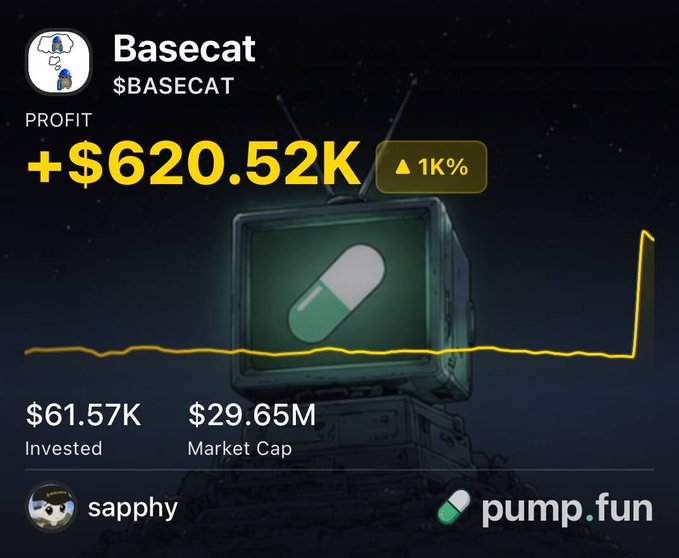 The image highlights **$BASECAT (Basecat)**, showing **+$620.52K profit**, a **1K% gain**, **$61.57K invested**, and a **$29.65M market cap**. It reflects trader **@sapphycrypto’s** reported **$61,570 purchase at a $2.7M market cap** and approximately **10x return**.