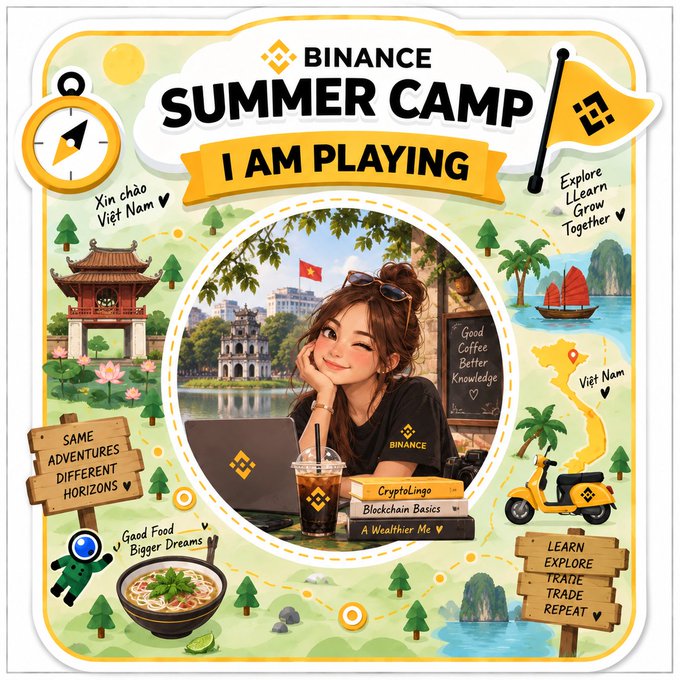 A colorful illustrated promotional graphic for 'BINANCE SUMMER CAMP - I AM PLAYING' features a central anime-style girl with a laptop, surrounded by Vietnamese landmarks, food, a scooter, and text like 'Same Adventures Different Horizons' and 'Xin chào Việt Nam.'