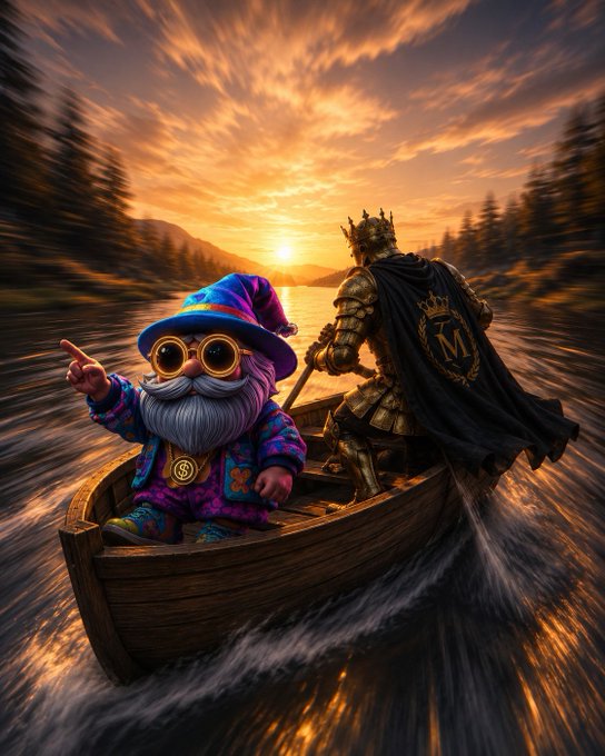 A fantasy artwork depicts a crowned armored warrior with an 'M' cape and a colorful wizard gnome sailing in a wooden boat on a lake at sunset.