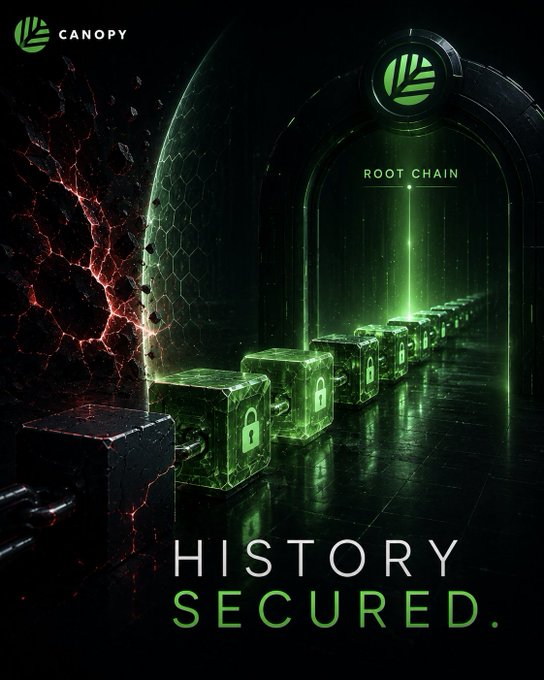 The image features a dark, sci-fi scene with a glowing green chain of locked cubes stretching toward a portal labeled "ROOT CHAIN," alongside a red cracked asteroid-like sphere, with the CANOPY logo in the corner and the tagline "HISTORY SECURED." It visually represents the concept of long-range attacks—where a new chain's history can be rewritten—being blocked by a secure, anchored root chain.

Canopy's "History Secured" graphic illustrates how their root chain mechanism defends against long-range attacks, symbolizing an unbreakable chain of cryptographically locked blocks anchored to a trusted origin, preventing attackers from forging alternative histories of new chains.