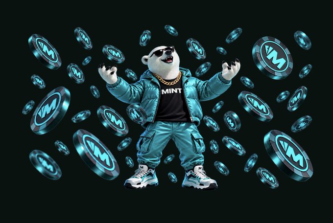 A 3D-rendered bear mascot wearing sunglasses, a teal puffer jacket, and a "MINT" shirt stands amid floating teal coins marked with "M".
