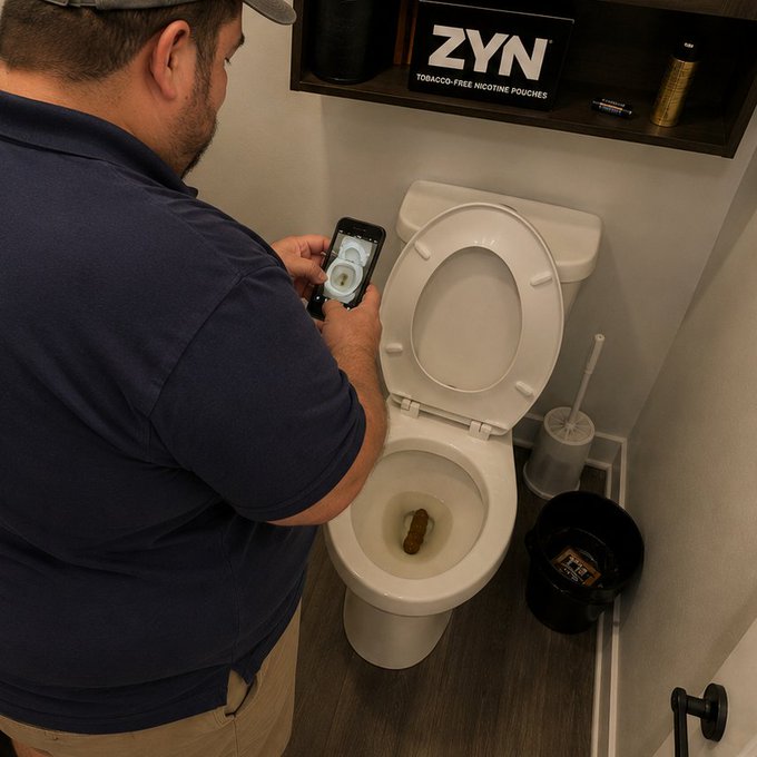 A man stands in a bathroom photographing a poop in a toilet with his phone, beneath a shelf displaying a 'ZYN Tobacco-Free Nicotine Pouches' sign.
