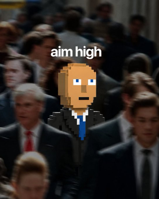 A pixelated figure in a business suit stands out among a crowd of real people in suits, with the text "aim high" above it. The image relates to the post's theme of lifelong dedication to work, suggesting that standing out or "aiming high" in a corporate environment requires unwavering commitment.