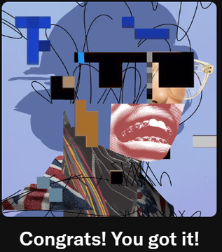 A distorted, pixelated glitch-art style portrait featuring fragmented black blocks, scribbles, and a halftone lip detail against a blue background is captioned "Congrats! You got it!"—likely showcasing a newly acquired generative NFT piece from the R3ORDR collection created by Dario De Siena.