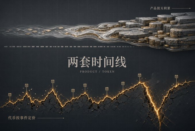 A dark financial-themed graphic with Chinese text “两套时间线” and “代币按事件定价,” plus the English label “PRODUCT / TOKEN.”
