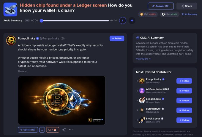 A CoinMarketCap page featuring a Pumpoinsky post titled 'Hidden chip found under a Ledger screen: How do you know your wallet is clean?' with an AI summary noting over $86M in losses, alongside ticker data showing BTC and ETH.