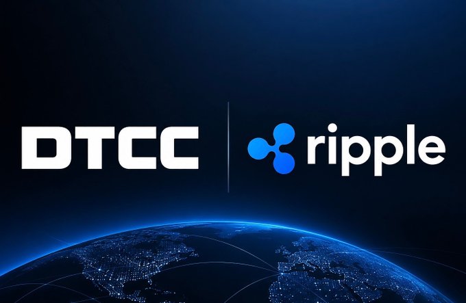 A promotional graphic featuring the DTCC and Ripple logos side-by-side against a dark background with a blue-lit globe at the bottom.