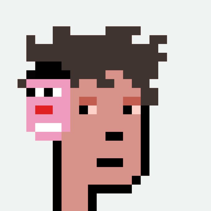 A side-by-side pixel art portrait of a man with dark hair alongside a pink character with an open mouth, possibly referencing an iconic "stonks" or meme-style illustration, fitting a cheerful "Gm legends" greeting.