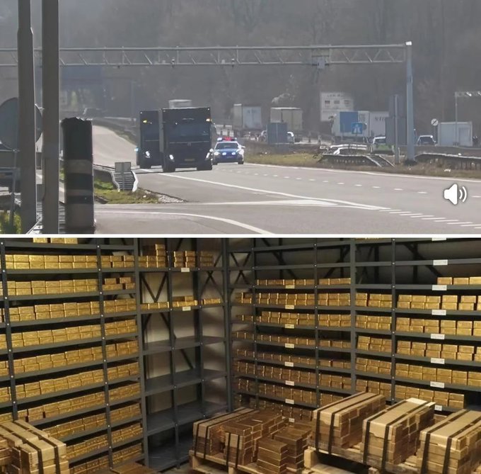Top image shows a highway with trucks and a police car; bottom image shows a vault filled with shelves of gold bars.