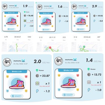The image features a grid of nine different pictures, each with various descriptions related to a fitness app or game. The images include a pair of shoes, a cartoon character, and other elements that could be part of an exercise routine or gaming experience. The posts on social media platforms are often accompanied by icons representing the content they contain. In this case, there is a post about a fitness app with a picture of a shoe and some text.