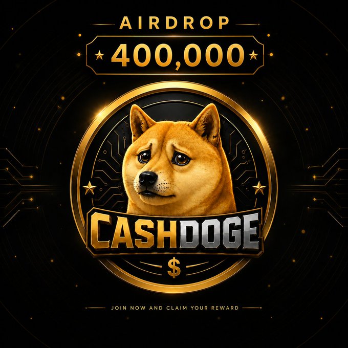 A glossy promotional graphic for "$CASHDOGE" featuring a golden Shiba Inu mascot inside a circular gold emblem, advertising an airdrop of "400,000" tokens with the call-to-action "JOIN NOW AND CLAIM YOUR REWARD," directly visualizing the giveaway of 400,000 $CASHDOGE tokens promised in the post for users who submit their $SOL addresses.