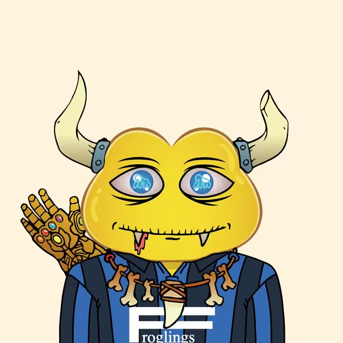 A cartoon illustration of a yellow horned creature with blue eyes wearing a striped shirt and bone necklace, raising an Infinity Gauntlet-like hand, labeled 'froglings' below.