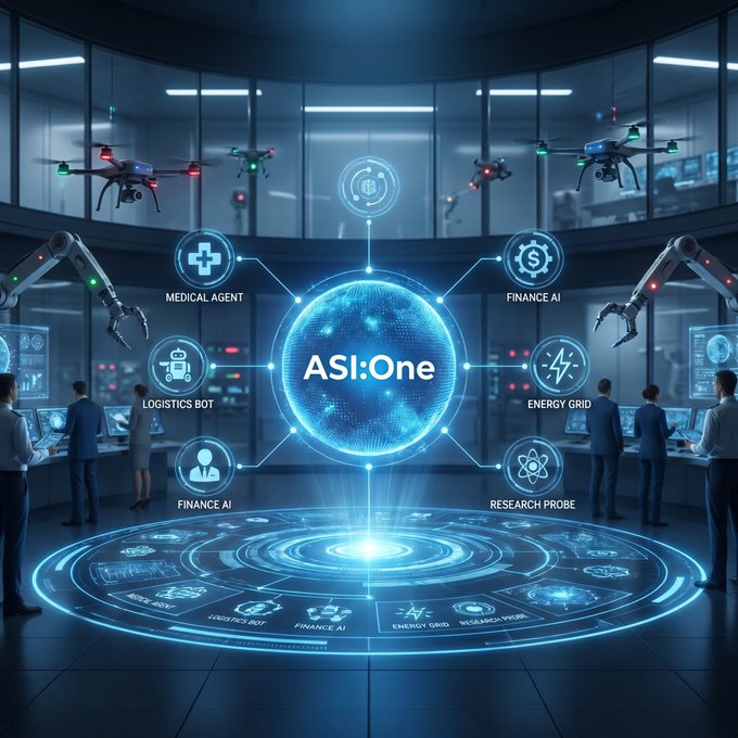 The image shows a group of people standing around a large, futuristic-looking room with blue walls and floors. The room has multiple screens displaying various icons representing different aspects of AI technology. There are also several robots present in the scene, some of which appear to be flying or hovering above the people. The overall atmosphere suggests that this is an event related to artificial intelligence or a demonstration of cutting-edge technology.