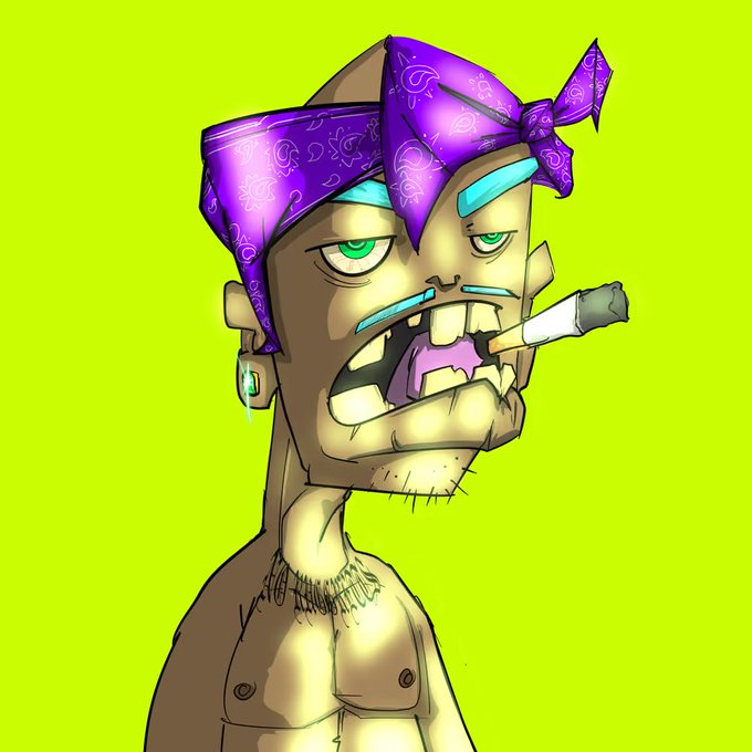 A cartoon-style digital illustration of a shirtless zombie-like character with green eyes, a purple bandana on his head, smoking a cigarette, with cyan blue tears and drool, set against a bright green background.