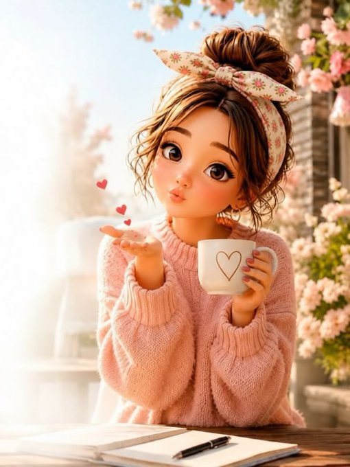 A 3D-style illustration of a girl with brown hair in a floral headband, wearing a pink sweater and blowing heart-shaped kisses while holding a white mug with a heart design, surrounded by cherry blossoms.