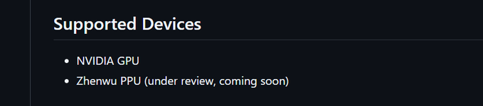 A text list titled 'Supported Devices' with bullet points for 'NVIDIA GPU' and 'Zhenwu PPU (under review, coming soon)' on a dark background.
