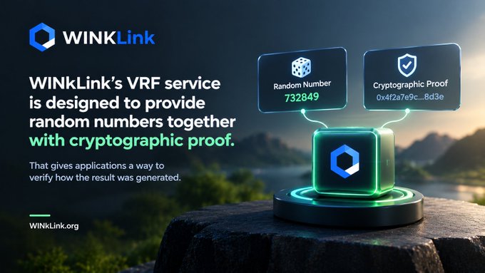 A WINkLink promotional graphic explaining their VRF service that provides random numbers with cryptographic proof, showing a sample random number 732849 and cryptographic proof 0x4f2a7e9c...8d3e.