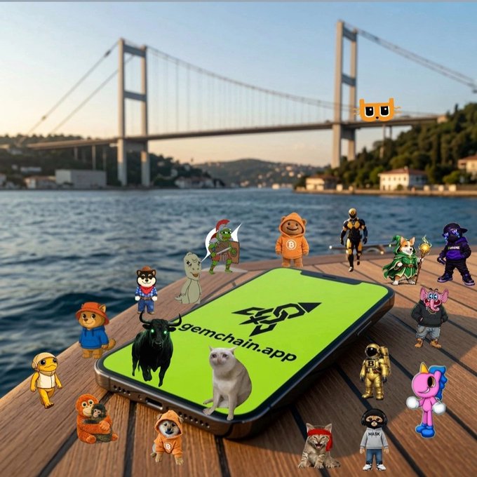 A whimsical scene of various cartoon characters and meme figures surrounding a smartphone displaying "gemchain.app" on a wooden pier with a large suspension bridge in the background.