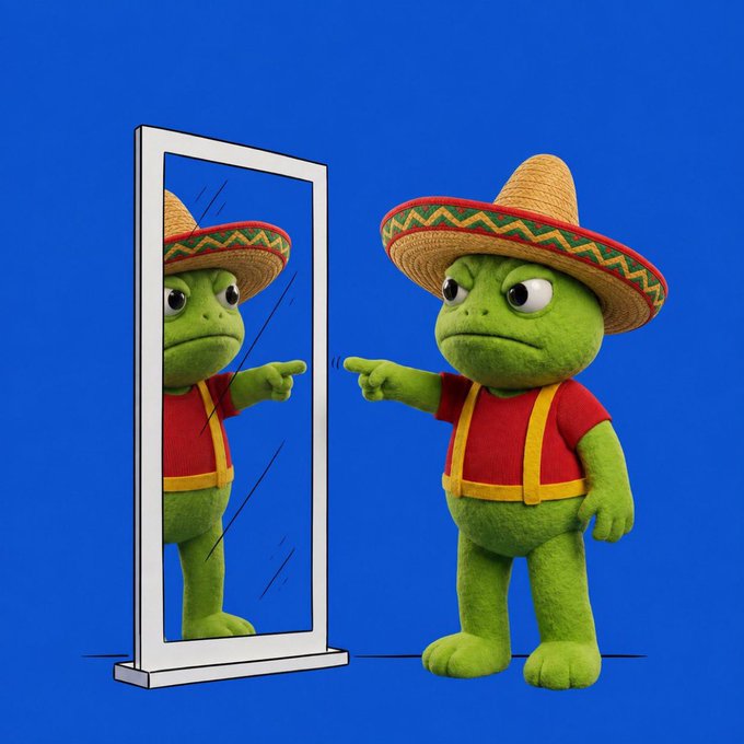 A green cartoon frog wearing a sombrero and red shirt points accusingly at its own reflection in a mirror, against a bright blue background. The image humorously illustrates the post's boastful claim of superior meme credibility ("a far superior meme with actual lore")—essentially showing the character admiring its reflection, much as the poster compares their prized $TOAD asset favorably against rivals like White Whale and Black Bull.
