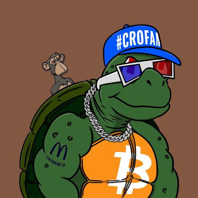 A digital illustration of a muscular green turtle wearing a blue '#CROFAN' cap, 3D glasses, and a silver chain necklace with a Bitcoin coin on its chest, featuring 'i'm lovin' it' tattooed on its arm and a small monkey sitting on its shell.