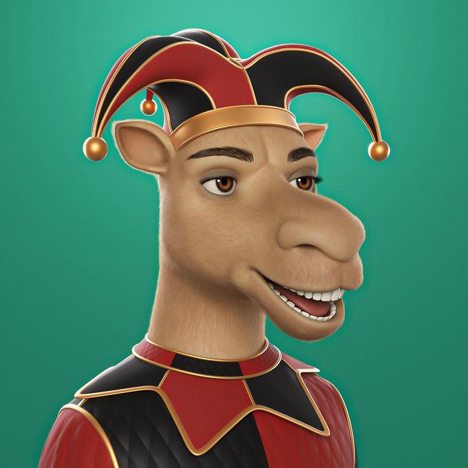 A 3D rendered illustration of a camel dressed as a jester, wearing a red and black diamond-patterned costume with a matching jester hat with bells, set against a teal background.