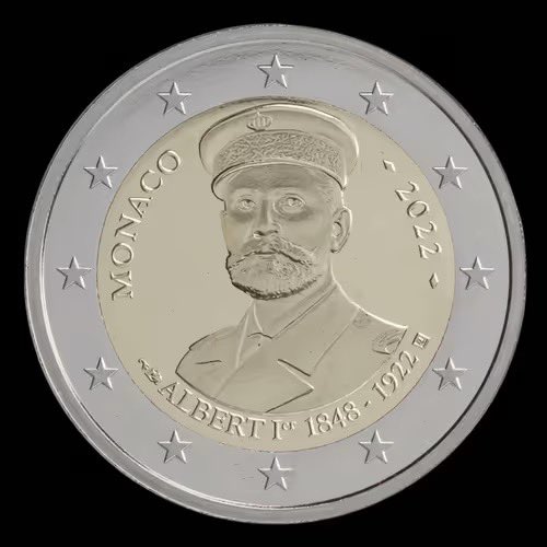 A 2 Euro commemorative coin from Monaco (2022) featuring a portrait of Prince Albert I (1848-1922) in uniform with a peaked cap, surrounded by the twelve stars of the European Union.