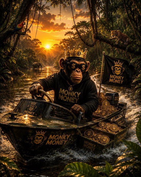 A digital artwork of a chimpanzee wearing a crown, sunglasses, and a "MONKY MONEY" hoodie, steering a boat filled with gold coins through a jungle river at sunset.