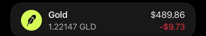 A digital display showing a gold price of $489.86 for 1.22147 GLD, indicating a change of -$9.73.
