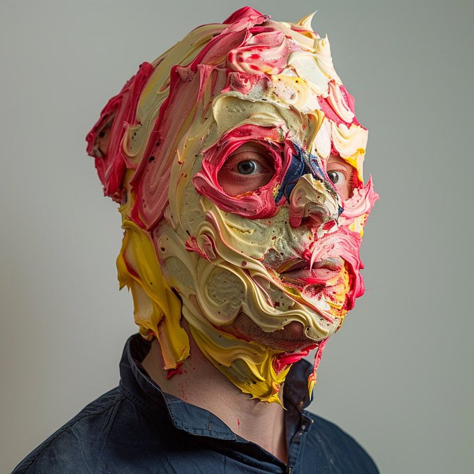 A surreal photograph depicts a person's face covered entirely in swirled pink, red, yellow, and cream frosting, with only their eyes visible.