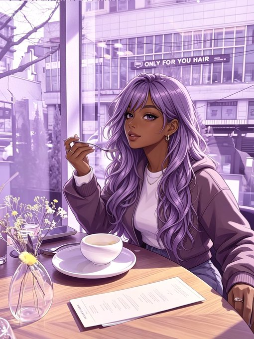 A purple-toned anime illustration shows a woman with long lavender hair sitting at a café table with a cup, spoon, flowers, and menu; the storefront sign reads “ONLY FOR YOU HAIR.”