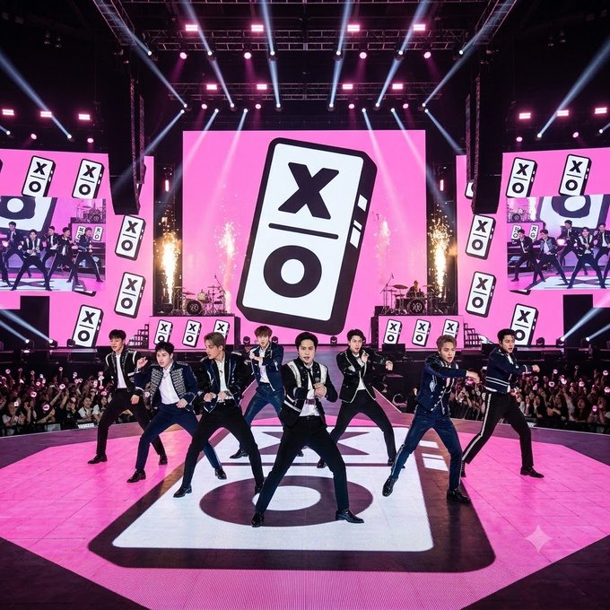 A large group of male performers in matching black and white outfits dancing on a stage with a massive pink and white 'XO' logo display behind them.