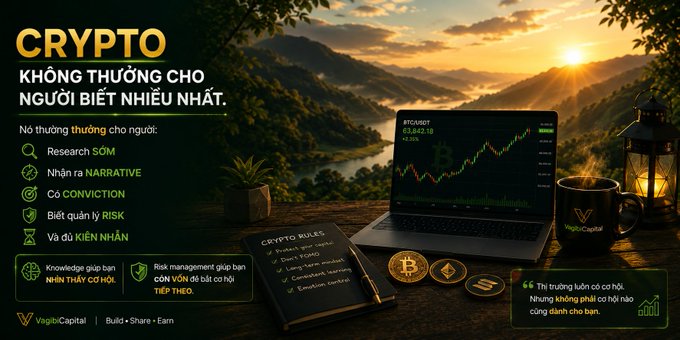 A promotional graphic for 'CRYPTO' by Vegie Capital features a mountain landscape with a laptop showing Bitcoin charts and advice like 'Research SỚM' and 'Có CONVICTION'.