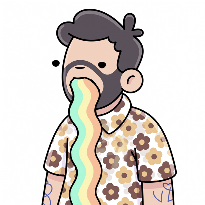 An illustration of a bearded man wearing a floral shirt with rainbow-colored vomit flowing from his mouth.