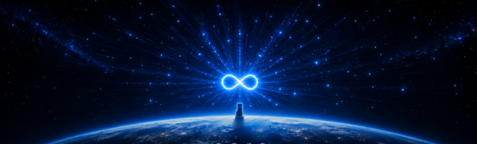 A cosmic digital artwork depicting a silhouetted figure standing on Earth looking up at a glowing blue infinity symbol radiating light through a starry space background.