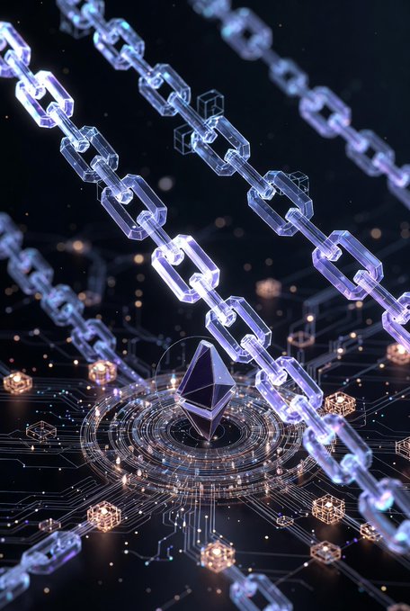 A 3D digital illustration of translucent purple blockchain links suspended over a circuit board, with an Ethereum logo at the center.