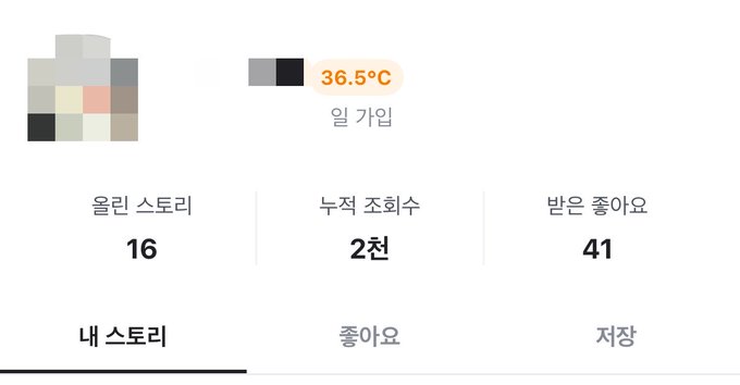 A screenshot of a Korean app profile page showing a blurred avatar, a temperature reading of 36.5°C labeled '일 가입' (1-day member), 16 '울린 스토리' (Viewed Stories), 2 '누적 조회수' (Cumulative Views), and 41 '받은 좋아요' (Received Likes).