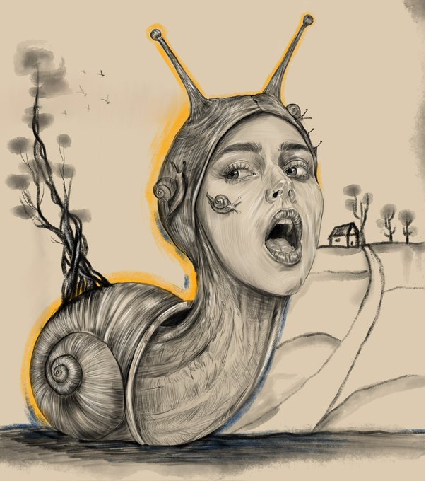 A surreal pencil drawing of a snail with a screaming woman's face, featuring antennae, set against a landscape background with a small house and trees.