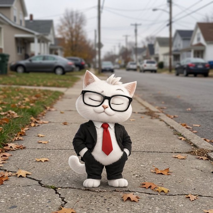 A 3D-rendered white cat wearing black glasses, a black suit jacket, and a red tie, standing on a sidewalk covered in autumn leaves.