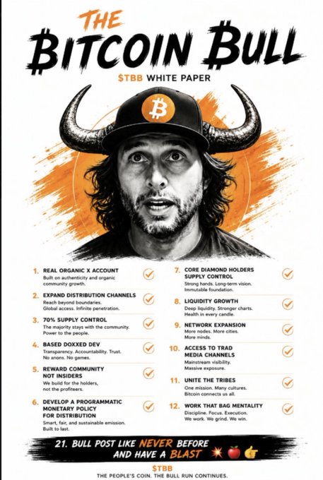 Promotional poster titled 'THE BITCOIN BULL $TBB WHITE PAPER' featuring a man wearing horned bull headgear and a Bitcoin logo cap, listing 21 points about the token's features and distribution.