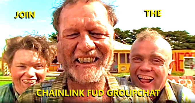 A meme image showing three men from a classic Australian TV ad with exaggerated smiles, overlaid with yellow text reading "JOIN THE CHAINLINK FUD GROUPCHAT" that humorously subverts the post's "JOIN OR DIE! $LINK" message by mocking FUD (fear, uncertainty, and doubt) about Chainlink.